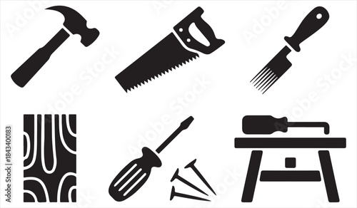 Woodworking and carpentry hand tool icons in black solid style