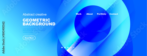 Blue abstract design. Geometric shapes overlap creating dynamic visual effect. Text elements present, navigation visible. Modern style.