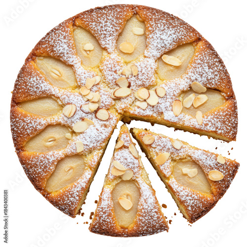 Overhead View of Baked Pear Cake Slices on Transparent Background with Powdered Sugar and Almonds
