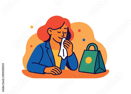 Flat vector illustration of colorful employee using cloth napkin and reusable lunch bag vivid accents rounded shapes clean outline