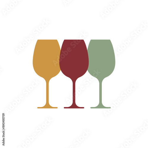 Three wine glasses logo standing side by side. 3 glass wine icon in a row. Vector illustration.