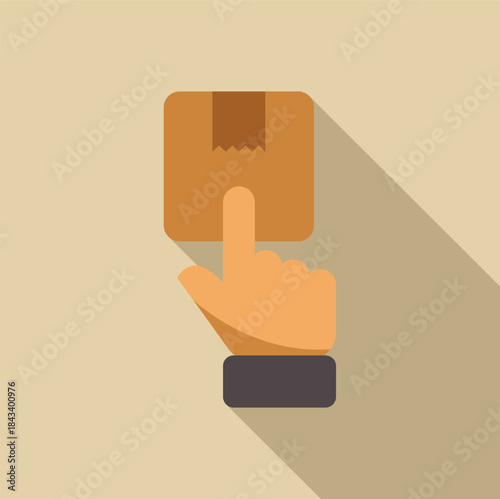 Hand with index finger pointing a sealed cardboard box, delivery and shipping concept