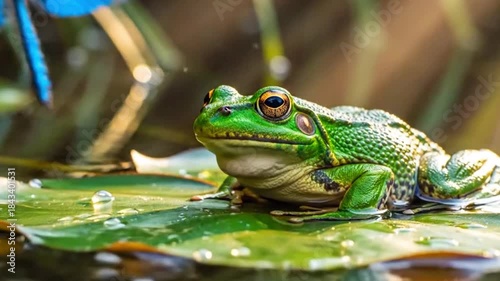 Vibrant green frog resting on a lily pad near sparkling water with a bright blue dragonfly hovering close by