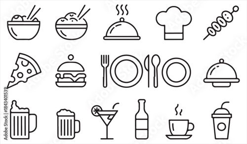 Cafe and dining line icons collection with meals and drinks