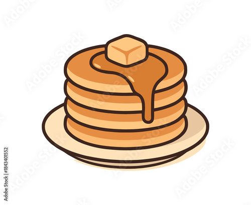 Flat vector illustration of pancakes stack butter and drizzle of syrup soft rounded shapes clean outline cozy food style