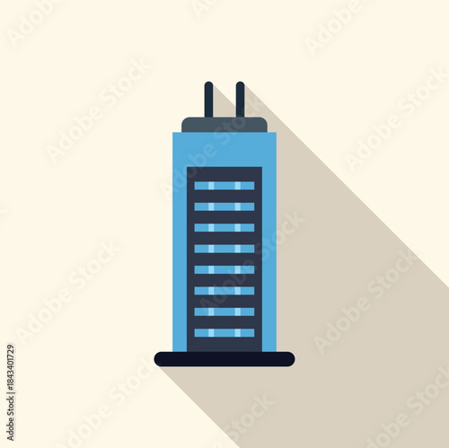 Futuristic skyscraper building architecture featuring flat design with a long cast shadow