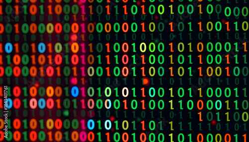 Colorful binary code on black background in abstract pattern  