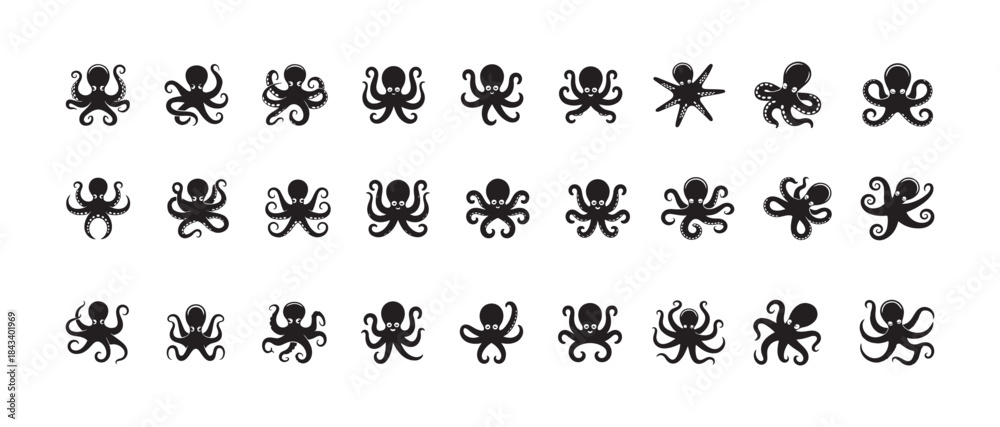 Fototapeta premium Collection of funny stylized octopus icons showing different poses for aquatic creature graphics