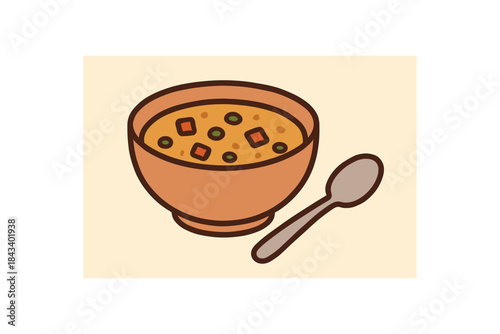 Flat vector illustration of bowl of soup with spoon resting beside soft rounded silhouettes clean outline cozy food style