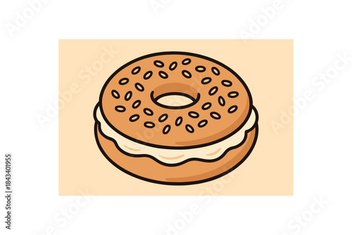Flat vector illustration of warm bagel with cream cheese and sesame seeds soft rounded shapes clean outline cozy food style