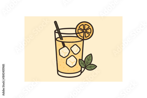 Flat vector illustration of glass of lemonade with ice and mint soft rounded shapes clean outline cozy food style