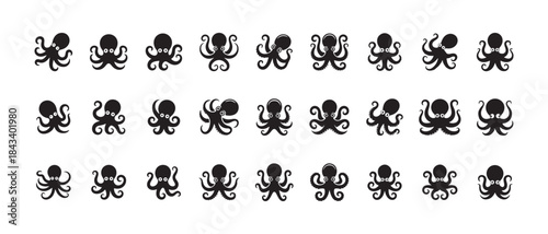 Assortment of black silhouette octopus icons in many different playful gestures for ocean illustration