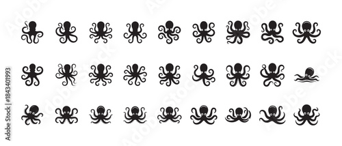 Various stylized black octopus icons with different arm positions for marine life concept design