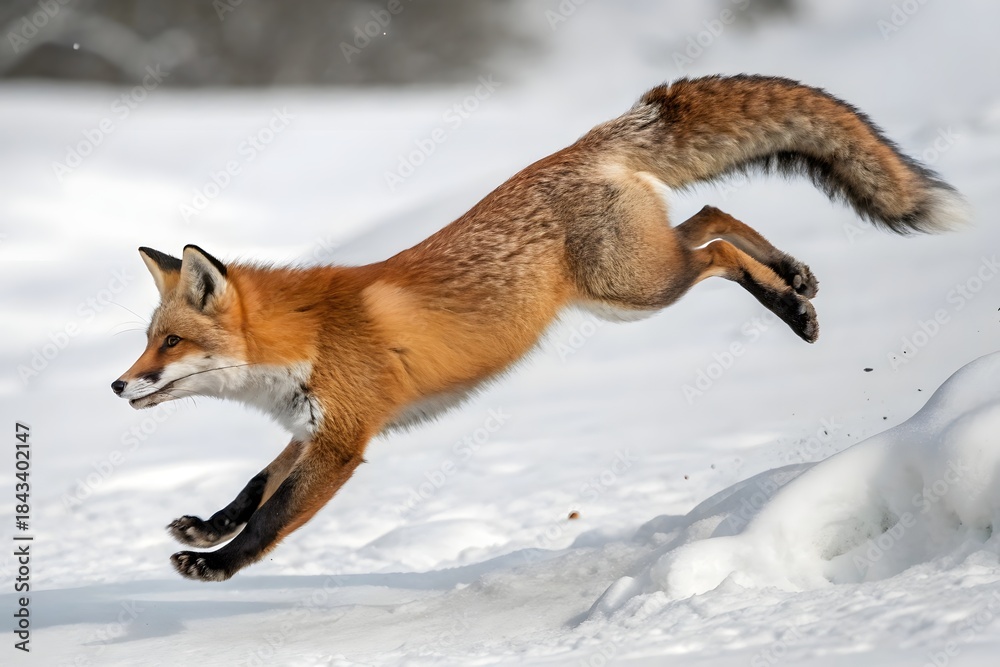 Naklejka premium Fox jumps through snow in winter landscape during daytime near forest area