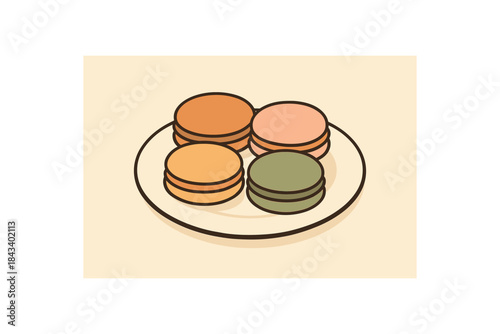 Flat vector illustration of small dessert plate with macarons soft rounded silhouettes clean outline cozy food style