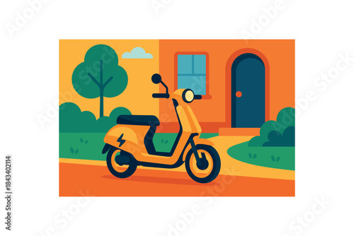Flat vector illustration of bright electric scooter parked near home bold tones rounded shapes clean vector design