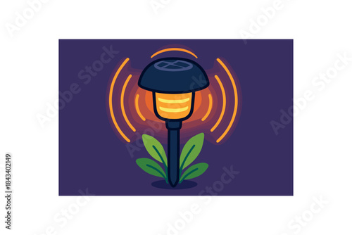Flat vector illustration of colorful solarpowered garden lamp with vivid glow lines rounded form minimalistic look