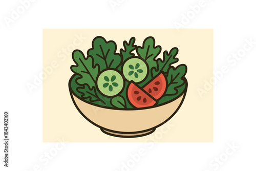 Flat vector illustration of salad bowl with greens cucumber and tomato soft rounded silhouettes clean outline cozy food style