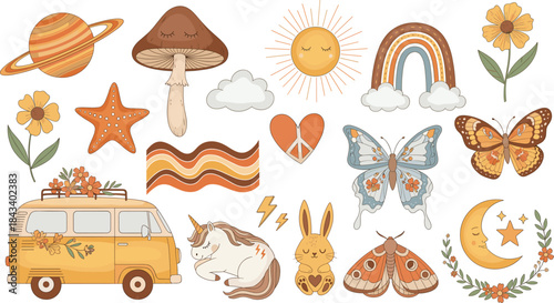A Groovy Boho Vector Collection Featuring Mushrooms, Sun, Rainbow, Planets, Unicorn, Van, and Celestial Elements in Warm Earthy Tones for Hippie and Vintage Designs.