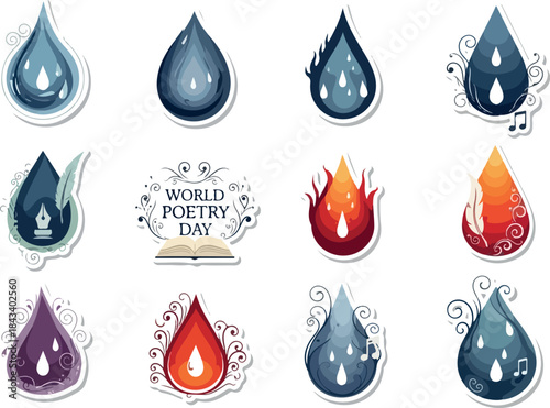 Elegant Water Droplet Icons with Abstract Designs for Diverse Themes