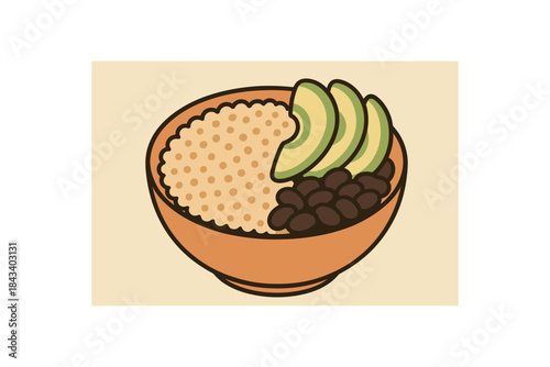 Flat vector illustration of quinoa bowl with avocado slices and beans soft rounded shapes clean outline cozy food style