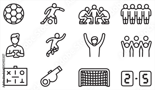 Soccer match outline symbols including goal referee and coach