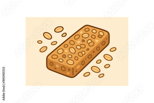 Flat vector illustration of granola bar and scattered oats soft rounded forms clean outline cozy food style