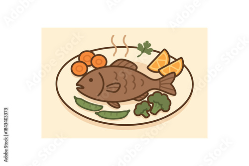 Flat vector illustration of plate of steamed fish with vegetables soft rounded forms clean outline cozy food style