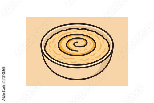 Flat vector illustration of bowl of hummus with olive oil swirl soft rounded shapes clean outline cozy food style