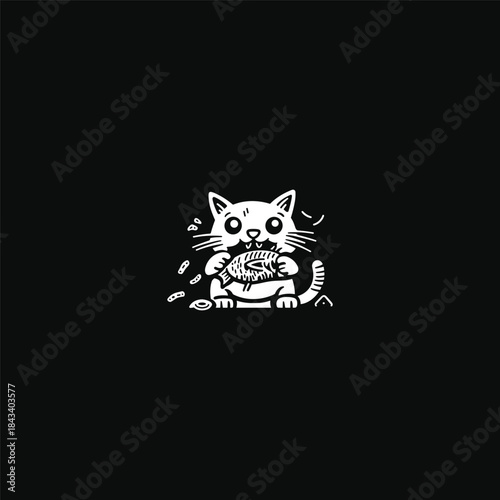 Cute cartoon white cat eating a fish in line cut style isolated on black background