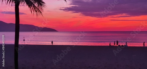Tropical beach sunset with palm tree silhouette and purple sky over sea, people walking on sand at dusk, vibrant ocean coast landscape, summer vacation and travel concept
