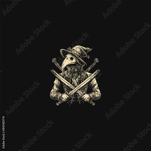 Plague doctor warrior with crossed swords in hand-drawn engraving style isolated on white background