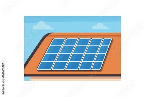 Flat vector illustration of bright solar tiles integrated into modern roof vivid blue squares rounded roofline clean flat style