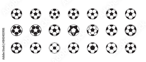 Collection of line art and filled icons representing soccer and rugby balls in different views