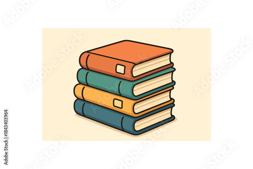 Flat vector illustration of stack of textbooks with rounded spines and tiny label stickers soft rounded forms clean outline back to school cozy study style