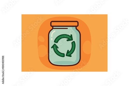 Flat vector illustration of bright reuse mindset: glass jar used for storage with bold arrows circle icon rounded shapes