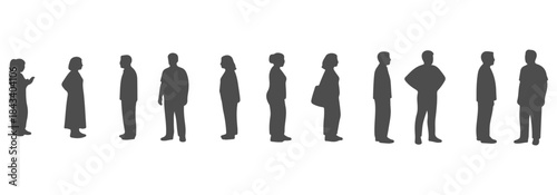 CAD side view of silhouette people standing. Phone use, hands behind back, hands on hips, carrying bag, neutral stance, leaning slightly, relaxed arms. Vector illustration