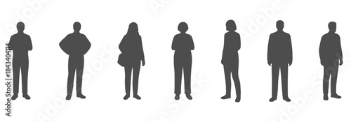 CAD top view of standing people silhouette.  Looking down at phone, hands behind back, hands on hips, carrying bag, relaxed stance, straight posture, slight lean. Vector illustration