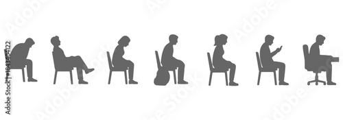 CAD drawing of diverse sitting people silhouette side view. Leaning forward, relaxed back, crossed legs, hands on lap, using phone, backpack beside chair, elderly posture. Vector illustration