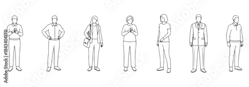 CAD top view of standing people.  Looking down at phone, hands behind back, hands on hips, carrying bag, relaxed stance, straight posture, slight lean. Vector illustration