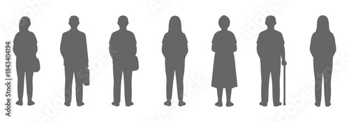 Minimal CAD back view of standing characters silhouette. Student, office worker, elderly, casual adult, backpack, handbag. Vector illustration
