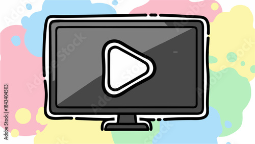 Colorful Vector Illustration of a Monitor Screen with Play Button, Symbolizing Digital Video Content, Online Streaming, and Entertainment Media