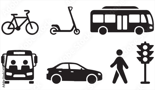 Transportation symbols set including bus car bicycle and traffic light