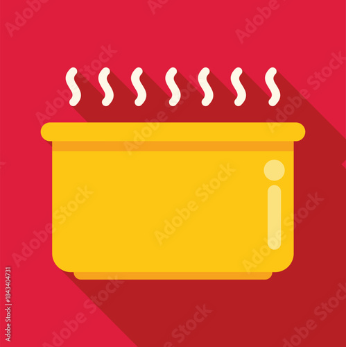 Yellow cooking pot emitting steam on a red background with long shadow