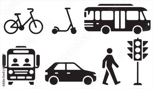 Black traffic and mobility icons for city transport systems