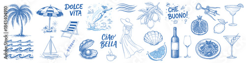 Blue line art set of Italian Dolce Vita and beach vacation icons