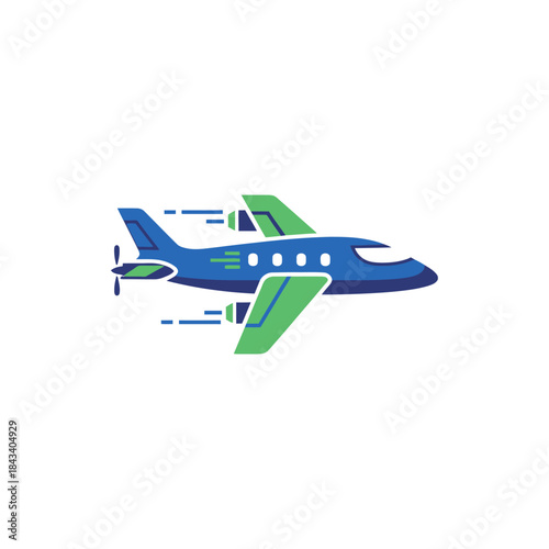 Dynamic blue and green airplane icaon symbolizing rapid travel and fast delivery services across the sky
