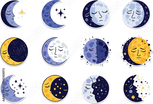 Cute Cartoon Moon Phases Emoticons Set with Sleepy Faces and Stars