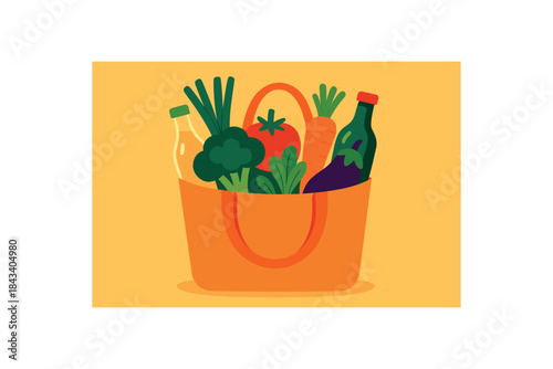 Flat vector illustration of colorful grocery tote filled with unpackaged vegetables and glass bottles vivid tones rounded shapes clean flat style