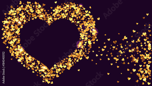 A golden heart shape formed from sparkling particles on a dark background
